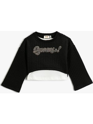 Koton Crop Sweatshirt Uzun Geniş Kollu Renk Kontrastlı Bisiklet Yaka