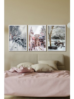 Özcanlar Çerçeve Beyaz Çerçeveli Tablo Modern Sanatsal  Dekorasyon Ev Dekoru Üçlü Çerçeve Kış Manzarası ÖZC--389