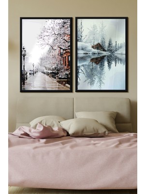Özcanlar Çerçeve Siyah Çerçeveli Tablo Modern Sanatsal  Dekorasyon Ev Dekoru Ikili Çerçeve Kış Manzarası