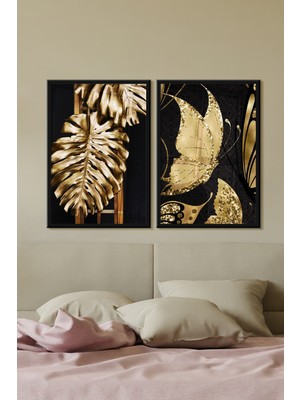 Özcanlar Çerçeve Çerçeveli Tablo Modern Sanatsal  Dekorasyon Ev Dekoru Ikili Çerçeve Golden Glitter Bitki ÖZC--419