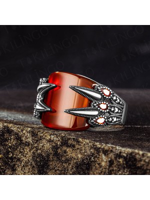 Takılingo 925 Ayar Gümüş Pençeli Markazit Taşlı Kırmızı Akik Erkek Yüzük