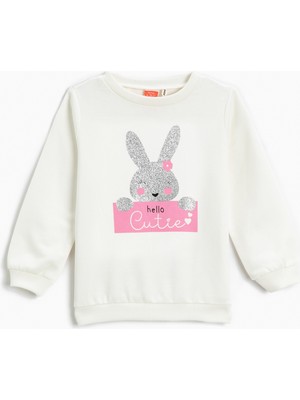 Koton Simli Tavşan Baskılı Sweatshirt Uzun Kollu Bisiklet Yaka Şardonlu