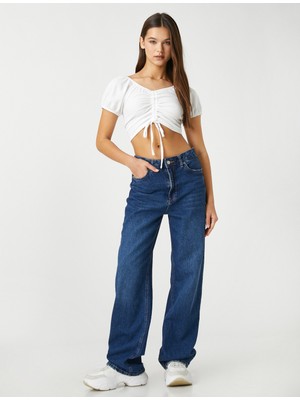 Koton Crop Tişört Balon Kollu Büzgü Detaylı V Yaka