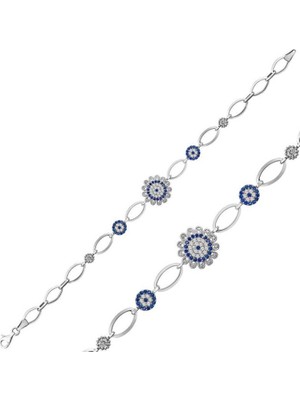 925 Gümüş Nazar Çiçek Desenli 925 Ayar Gümüş Bileklik