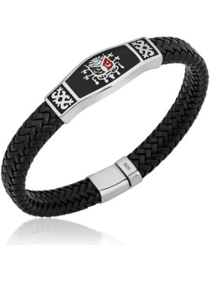 925 Gümüş Osmanlı Devlet Armalı Derili Erkek 925 Ayar Gümüş Bileklik