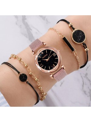 Gogoey Kadın Kol Saati Lüks Moda Şık Trend Bayan Set Saat Pembe Renk + 4 Adet Bileklik Hediye