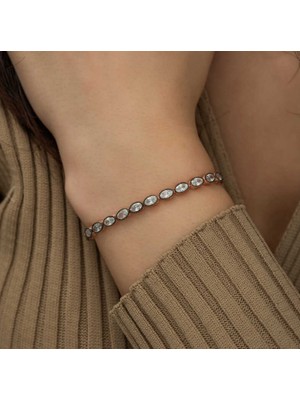 925 Gümüş Oval Kesim Elmas Montür 925 Ayar Gümüş Bileklik