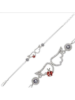 925 Gümüş Melek Kanadı Uğur Böceği Detay  925 Ayar Gümüş Bileklik