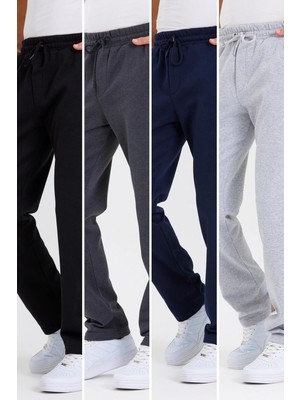 Comeor Siyah-Antrasit-Lacivert-Gri Arka Cepli Etiket Detaylı Düz Paça Erkek Içi Pamuklu 4'lü  Eşofman Altı