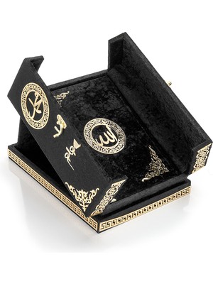 İhvan Online Masa Üstü Çift Kapaklı Kadife Kaplı Sandıklı Kuran Seti - Siyah