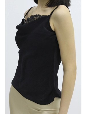 Leay Ip Askılı Dantel Işlemeli Bluz Siyah - P-019808
