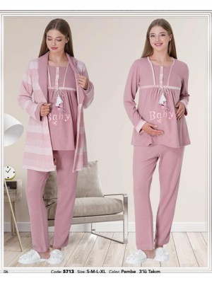 Mecit Pijama 5713 Pembe Kalın Sabahlıklı 3lü Hamile Lohusa Pijama Sabahlık Tk