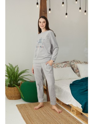 Siyah İnci Alt-Üst Polar Nakışlı Cepli Pijama Takım 22278324