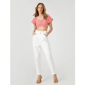 Çiçekli Crop Bluz Büzgü Detaylı Kolları Volanlı