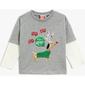 Yılbaşı Temalı Uzun Çıkma Kollu Tişört Pul Payet İşlemeli Bisiklet Yaka