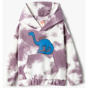 Dinozor Baskılı Kapşonlu Sweatshirt Batik Desenli Kanguru Cepli Kulak Aplike Detaylı