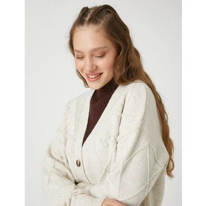 Crop Hırka Örgü V Yaka Uzun Kollu Düğmeli