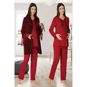 Kadın Vişne Kadife Sabahlıklı Lohusa Hamile Pijama Takımı 8088