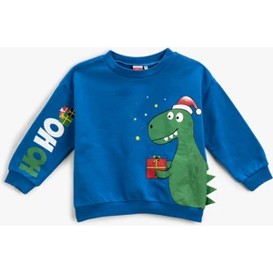 Yılbaşı Temalı Dinozor Baskılı Sweatshirt Bisiklet Yaka Uzun Kollu