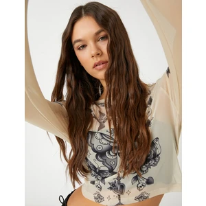 Crop Tişört Tül Baskılı Bisiklet Yaka Uzun Kollu