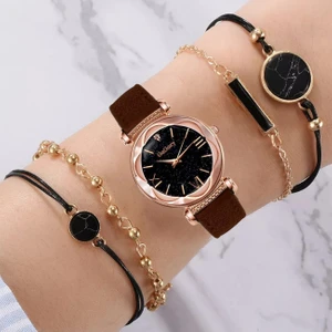 Gogoey Kadın Kol Saati Lüks Moda Şık Trend Bayan Set Saat Pembe Renk + 4 Adet Bileklik Hediye