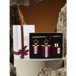 Tiem Concept Yılbaşı Kutulu Bordo Renkli Amber Kokulu Gold Yıldız Tepelikli 3lü Mum ve Oda Koku Seti