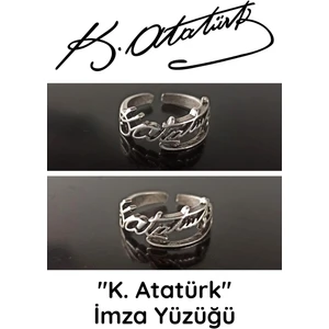 Fildişi Aksesuar Atatürk Imzası Şekilli Kadın & Erkek Yüzük Gümüş Kaplama Ayarlanabilir El Yapımı Yüzük