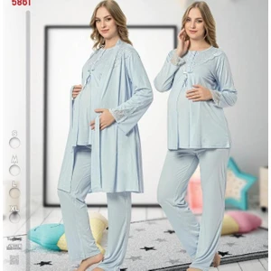 2020 Mavi  Hamile Lohusa Pijama Sabahlık 3lü Takım