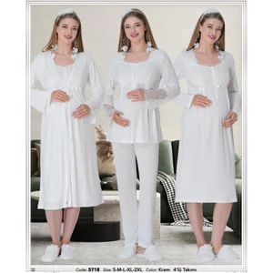 Pijama 5718 Ecru Sabahlıklı 4 Lü Hamile Lohusa Pijama Gecelik Tk