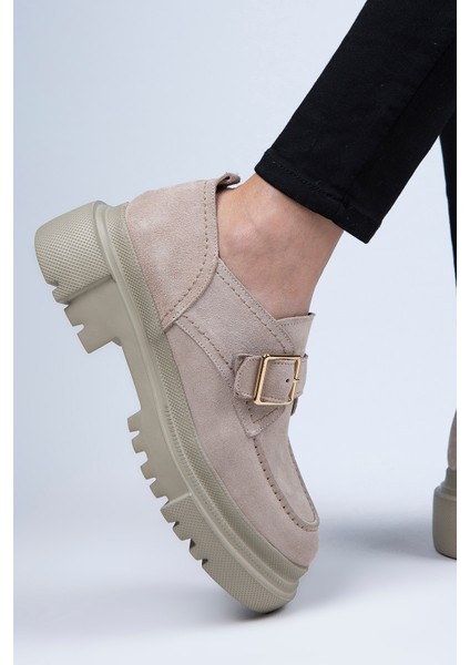 Gloria Kadın Deri Loafer Kemerli Tokalı Bej Süet Ayakkabı modelleri