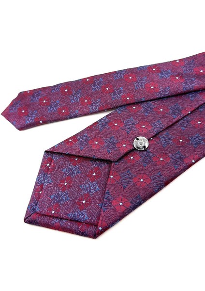 Bordo - Mavi Motif Desen Mendilli Klasik Kravat KK11186
