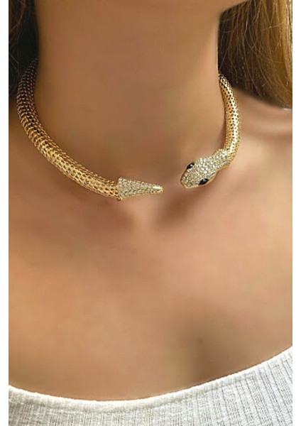Taşlı Yılan Choker Kolye Gold