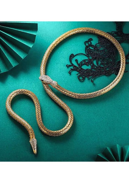 Taşlı Yılan Detaylı Uzun Kolye Gold