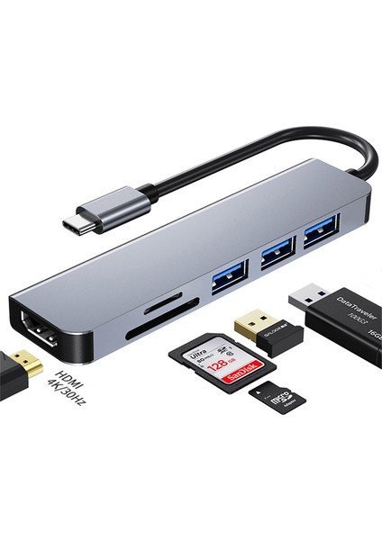 Type C to HDMI+1*usb3.0 - 2* usb2.0 Hub + Kart okuyucu 6 in1