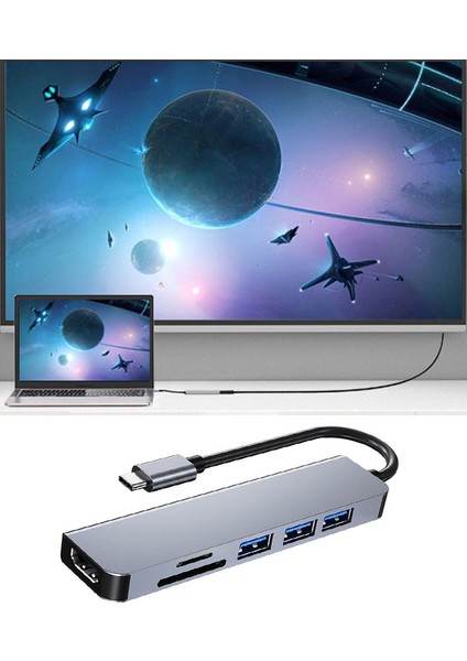 Type C to HDMI+1*usb3.0 - 2* usb2.0 Hub + Kart okuyucu 6 in1