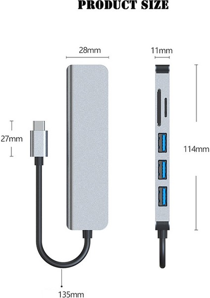 Type C to HDMI+1*usb3.0 - 2* usb2.0 Hub + Kart okuyucu 6 in1