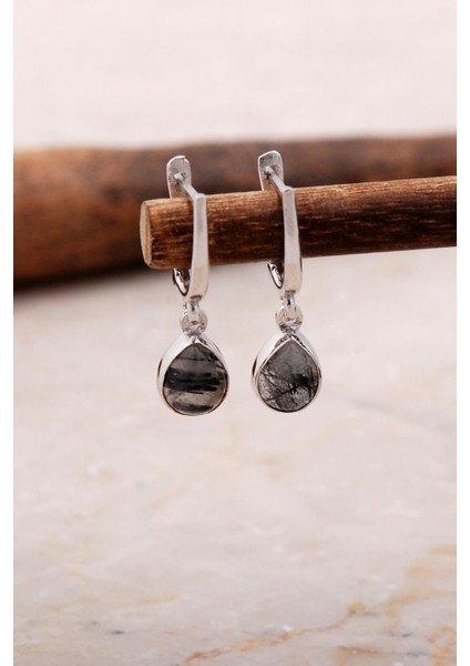 Doğal Rutil Kuvars Taşlı Damla Mini Rodyumlu Gümüş Küpe 5879