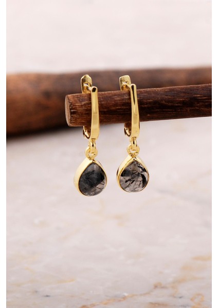 Doğal Rutil Kuvars Taşlı Damla Mini Altın Yaldızlı Gümüş Küpe 5880