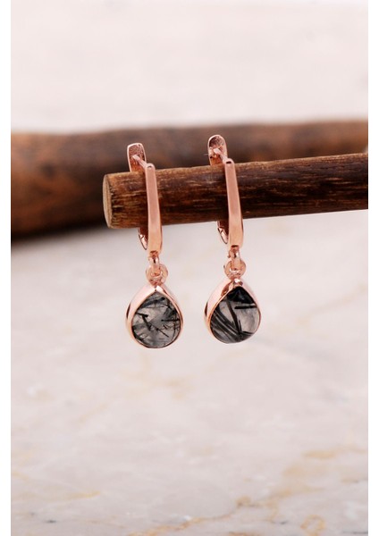 Doğal Rutil Kuvars Taşlı Damla Mini Rose Gümüş Küpe 5881