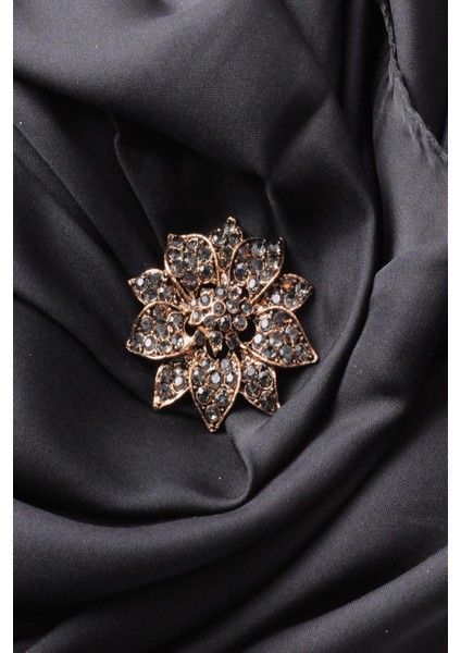 Broş Çiçekli Otantık Desenli Bronz Kristal Taşli