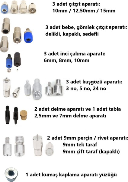 Inci, Çıtçıt, Klikit, Rivet, Kuşgözü Takma Kalıplarıyla Kapsamlı Tulumba Pres Seti (18 Kalıp)