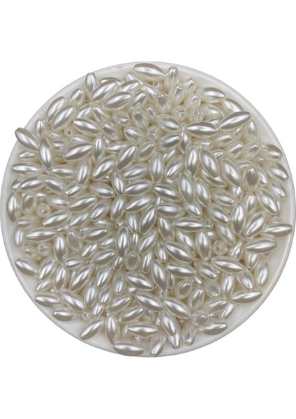 25GR 6X12MM Beyaz Renk Arpa Model Lüks Kaplama Plastik Inci Boncuk, Takı Boncuğu (25GR,~100 Adet )