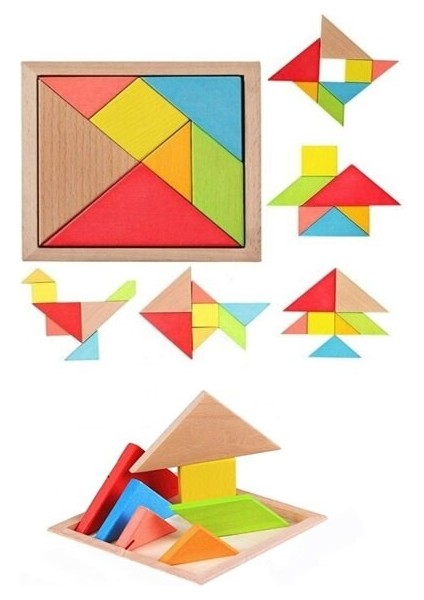 5 Adet Ahşap Tangram Zeka Gelişim Eğitici Oyuncak Mini Boy 7x7 cm 5 Adet