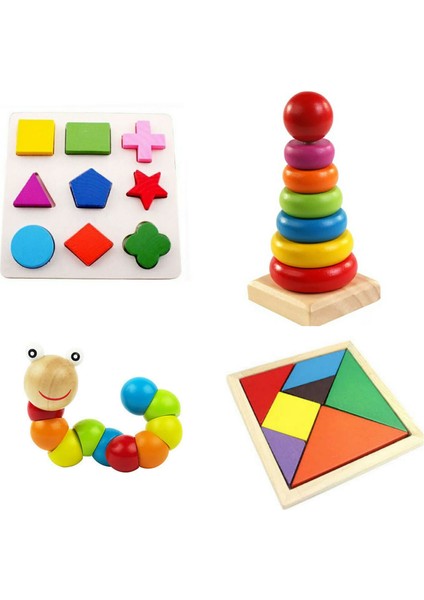 4 Parça Ahşap Eğitim Zeka Gelişim Seti Kule + Tangram + Bultak + Tırtıl