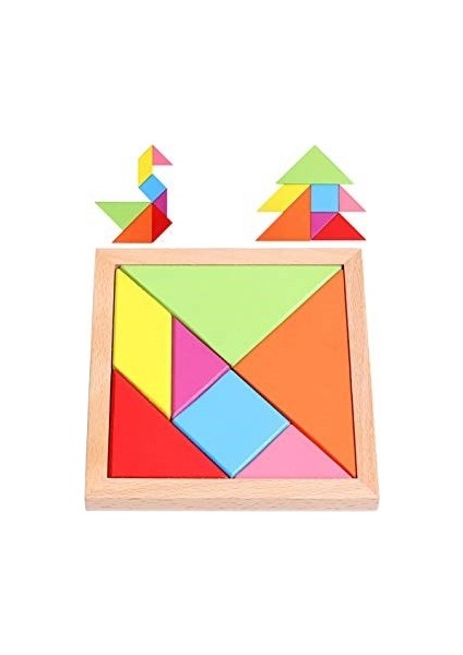 4 Parça Ahşap Eğitim Zeka Gelişim Seti Kule + Tangram + Bultak + Tırtıl