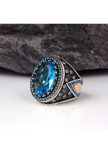 Tesbih Sepetim Blue Topaz Taşlı Erkek Gümüş Yüzük