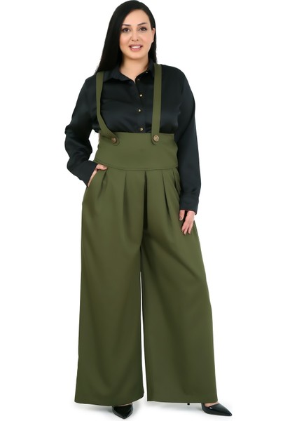 Büyük Beden Önü Pileli Cepli Askılı Düğme Detaylı Bol Paça Haki Pantolon