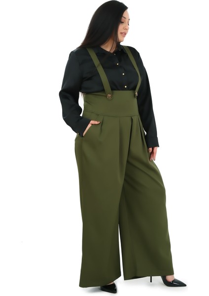 Büyük Beden Önü Pileli Cepli Askılı Düğme Detaylı Bol Paça Haki Pantolon fiyatları