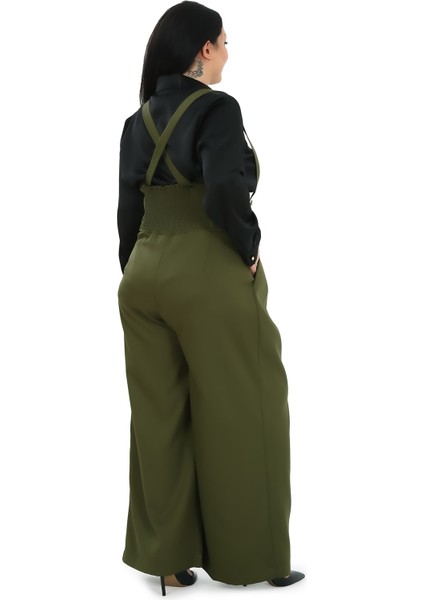 Büyük Beden Önü Pileli Cepli Askılı Düğme Detaylı Bol Paça Haki Pantolon modelleri