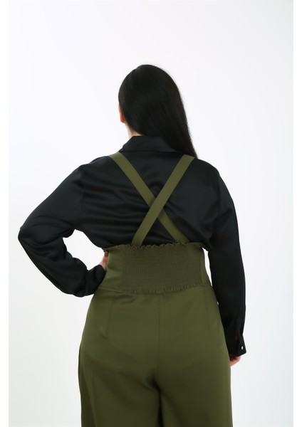 Büyük Beden Önü Pileli Cepli Askılı Düğme Detaylı Bol Paça Haki Pantolon fırsatları